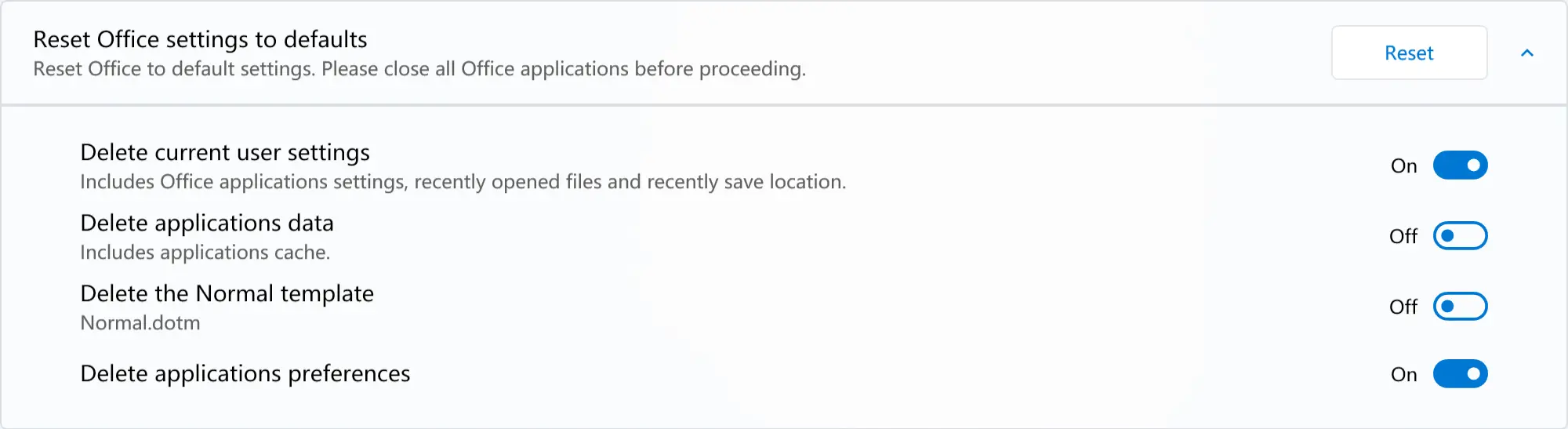 Screenshot of Reset Office settings to defaults